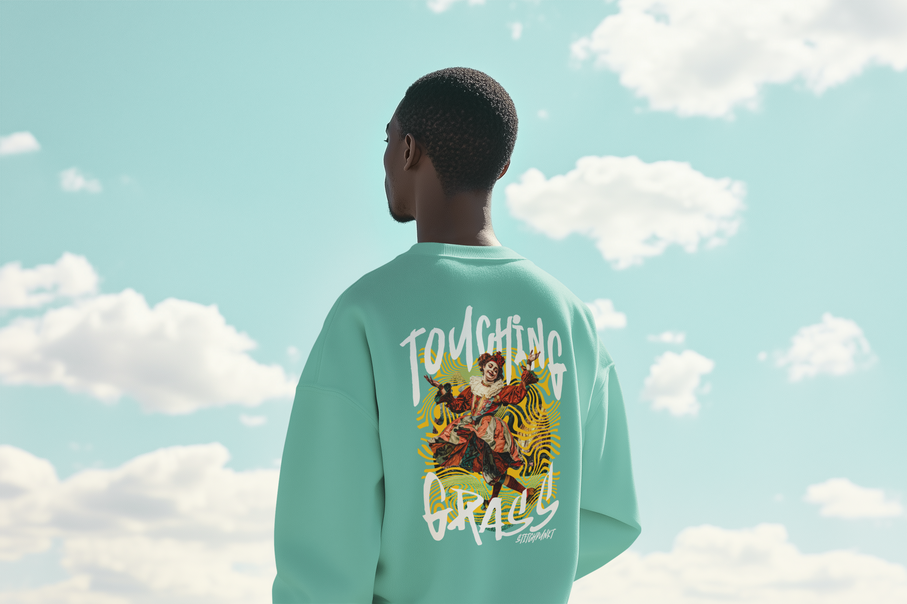 Person wearing a light green sweatshirt with colorful graphics and text against a blue sky with clouds